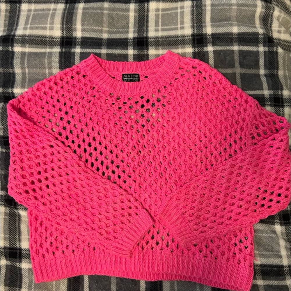 Vibrant Pink Open-Knit Crew Neck Sweater